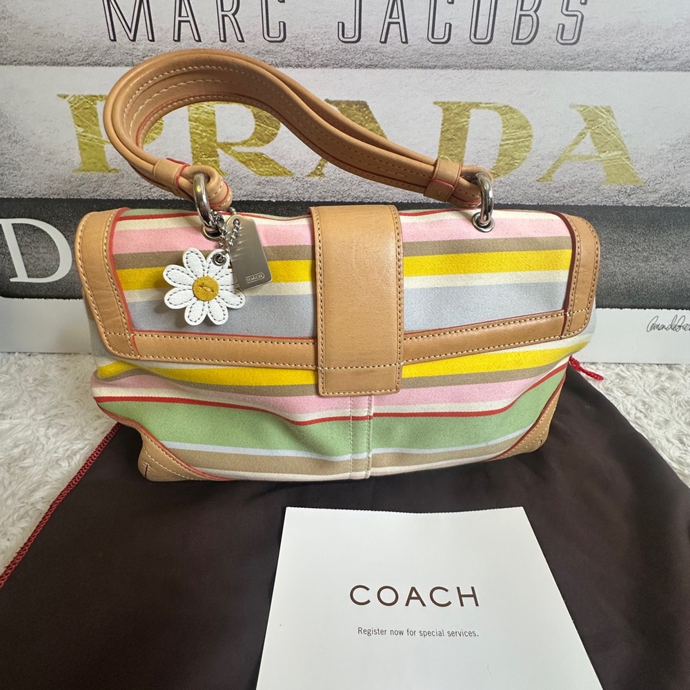 Coach Hampton Tan and Multicolor Striped Satchel 4438 Like NEW